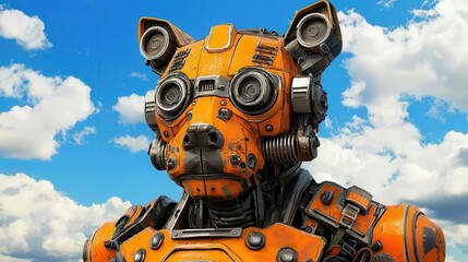 A futuristic robotic dog with orange plating and large mechanical features against a backdrop of blue skies and fluffy clouds.