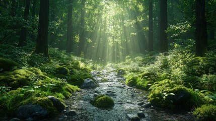 Obraz premium Sunlit forest stream, mossy rocks, tranquil scene