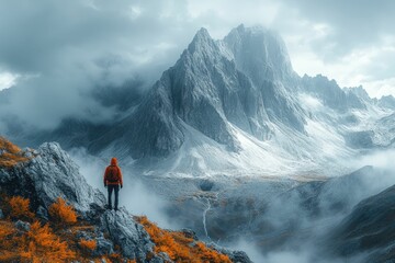 Solitary hiker admires majestic misty mountain peak
