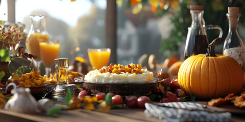 Cozy Autumn Feast with Pumpkin Pie, Seasonal Dishes, and Festive Decor