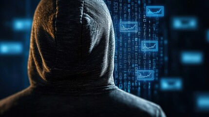 A mysterious figure in a hoodie faces digital data, suggesting themes of cybersecurity, hacking, and the dark web.
