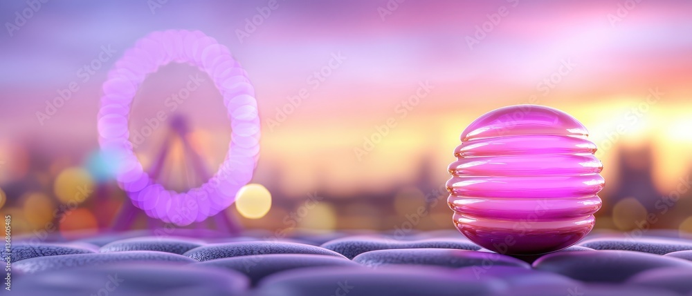 Poster a vibrant 3d rendering of a colorful sphere against an abstract skyline background.
