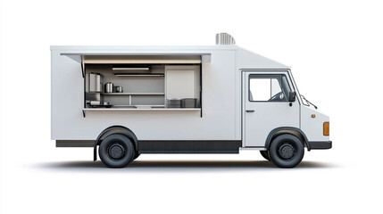 Naklejka premium Side view of a white food truck with an open serving window on a white background studio shot