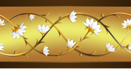 Vector of 3d golden floral seamless border pattern with white blooming flowers; Beautiful luxury horizontal background