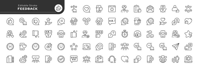 Feedback line icon set. Like, dislike, review, comment, content, user opinion, survey and more. Outline vector icon in linear style. Pictogram collection	