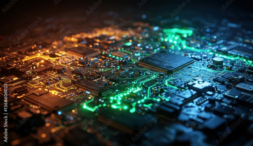 Poster close-up view of circuit board showcasing microchip with vibrant green and orange lights illustratin