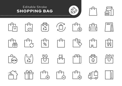 Shopping bag line icon set. Shopper, paper, plastic bag, eco packaging, gift and more. Outline vector icon in linear style. Pictogram collection