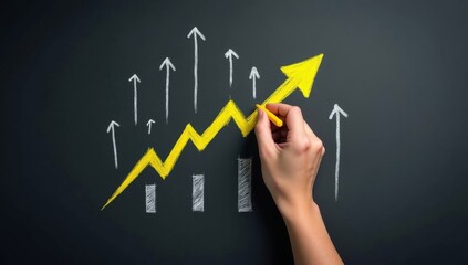 Business leadership and development concept. Businessman drawing growth arrow on chalkboard