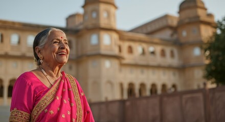 Fototapeta premium Elderly indian woman in traditional sari in front of historic building