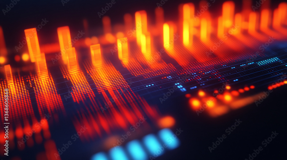 Poster abstract image of glowing orange and blue bars, resembling a digital equalizer or data visualization