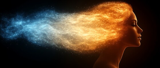 Woman with fiery and icy hair.