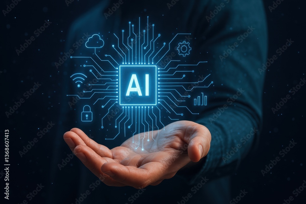 Poster embracing artificial intelligence: a person's hand cradles a glowing ai interface, symbolizing the f