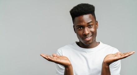 Confident african young male shrugging in casual white shirt against gray background