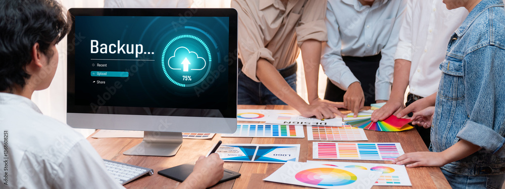 Poster Backup Storage Data Internet Technology Business concept. Database storage cloud technology file data transfer sharing, cyber, big data information, internet banking application download upload brisk