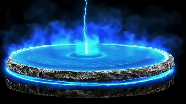 A mystical energy portal emitting blue lightning surrounded by a glowing mist on a dark background