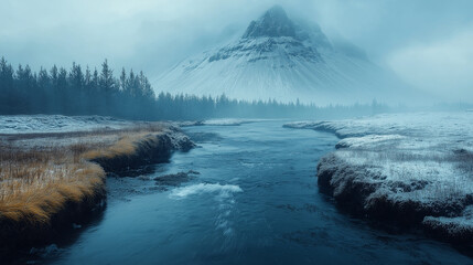 Fototapeta premium Majestic mountain enveloped in mist with a serene river flowing through a tranquil landscape at dawn