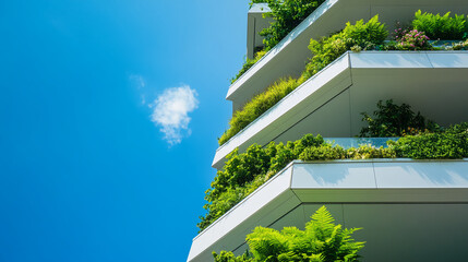 Modern building facade with lush greenery on balconies, showcasing sustainable architecture against a bright blue sky, representing eco-friendly design and urban nature integration