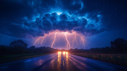Majestic thunderstorm illuminates a deserted country road under a dramatic sky at dusk with vibrant...