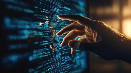 A close-up of a hand reaching toward a digital interface displaying streams of data and code, symbolizing interaction with technology.