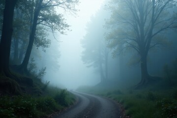 Obraz premium Serene Winding Road Through a Misty Forest, Enveloped in an Ethereal Blue Haze, Leading to an Unknown Destination