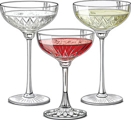 Champagne & Cocktail Glasses Set – Elegant Vector Illustration