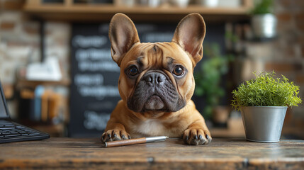 Playful French Bulldog enjoying a cozy cafe atmosphere while exploring the charm of urban life in the afternoon