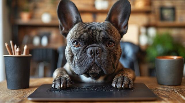 Curious dog explores the world of technology while sitting at a wooden desk in a cozy home office environment during the afternoon - Powered by Adobe