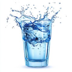 A transparent glass with vibrant blue water splashing inside