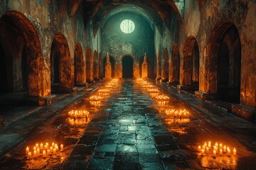 Lit candles illuminate ancient stone hall