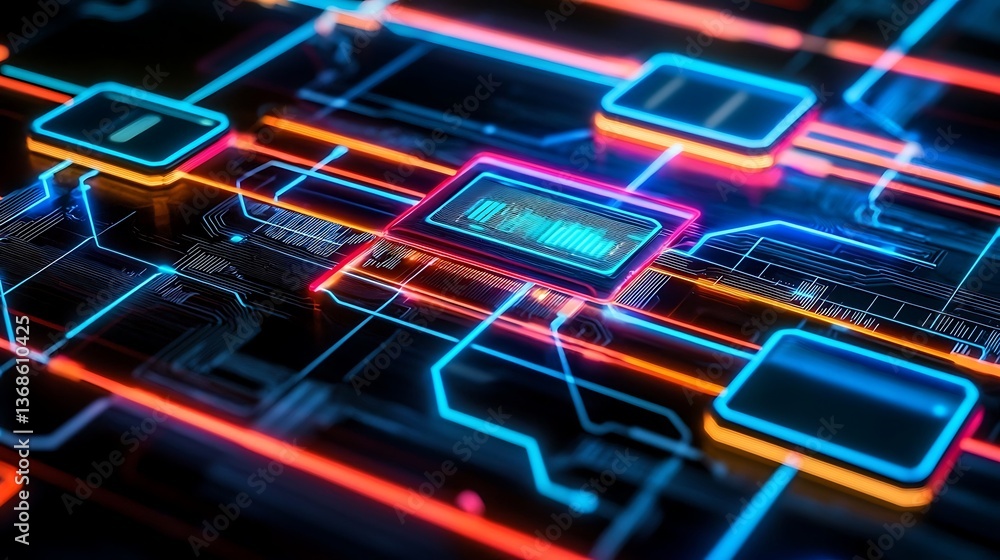 Poster futuristic circuit board with glowing connections and data visualization. complex network of interco