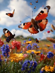 Vibrant Butterfly Meadow Scene with Wildflowers and Blue Sky Backdrop