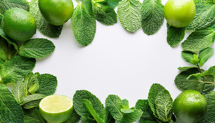 Green lime and mint mockup, summer theme border, with free space for text. White plane background, fruit and leaves around the frame.