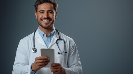 Skilled healthcare professional in a pristine white coat smiles while holding a smartphone and exuding warmth in a well-lit, minimalistic environment