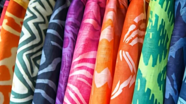 Colorful patterned scarves hanging in a shop
