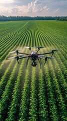 Drone spraying field crops; agricultural technology; aerial view; agricultural field