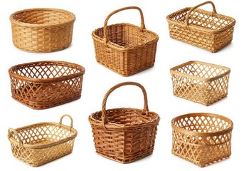 Obraz premium Collection of various woven baskets in different shapes and sizes on a white background