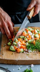 Salmon Tartare Preparation Sharp Knife Dicing Fresh Ingredients on Wood Board