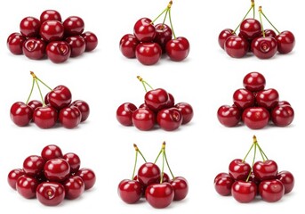 Nine small groups of ripe cherries arranged on a white background in a square pattern format