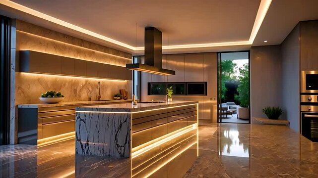 Stylish luxury kitchen interior with marble island and ambient strip lighting