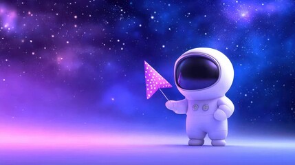 A whimsical astronaut holds a glowing flag in a colorful cosmic landscape.