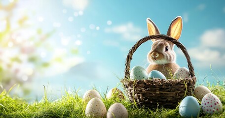 Cute Easter bunny sitting in a wicker basket surrounded by colorful eggs on fresh grass under a dreamy spring sky. Ideal for festive ads, cards, and seasonal designs