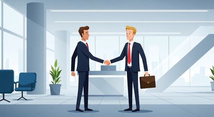 Businessmen shaking hands modern office bright lighting. AI Generated