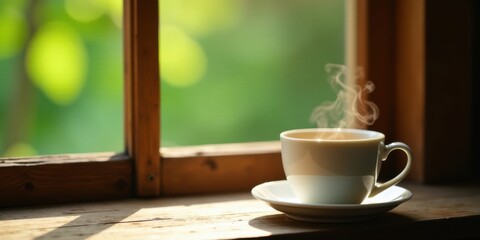 Fototapeta premium A steaming cup of hot beverage rests on a saucer, bathed in sunlight near a wooden window overlooking a vibrant green garden.