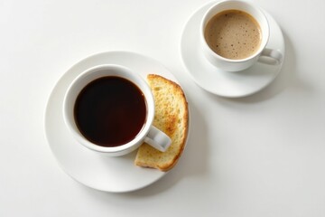 Fototapeta premium A simple breakfast scene featuring two cups of coffee and a piece of toasted bread on a white background