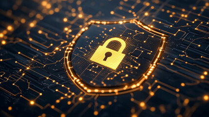 Golden padlock icon within a glowing shield on a dark circuit board background, symbolizing digital security and data protection