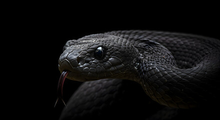 Obraz premium Black Snake Close Up Portrait With Tongue Out on Transparent Background