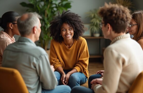 Diverse group people sitting in circle, group therapy session. Smiling black woman in center with others. Mental health care, support, recovery, discussion, communication in rehab.