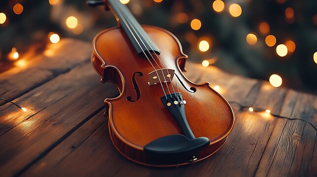 Violin on wooden table with warm lights.