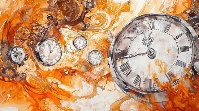 A chrono mirage watercolor painting of distorted silver clocks