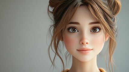 Fototapeta premium Serene young woman, light brown hair, gentle smile.